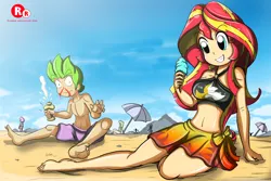 Size: 1500x1000 | Tagged: suggestive, artist:ryured, derpibooru import, spike, sunset shimmer, human, equestria girls, equestria girls series, barefoot, beach, belly button, bikini, blood, breasts, clothes, feet, female, food, human spike, humanized, ice cream, male, male feet, midriff, nosebleed, shipping, smiling, straight, sunsetspike, swimming trunks, swimsuit