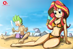 Size: 1500x1000 | Tagged: artist:ryured, barefoot, beach, belly button, bikini, blood, breasts, cleavage, clothes, derpibooru import, equestria girls series, feet, female, food, human, humanized, human spike, ice cream, male, male feet, nosebleed, shipping, smiling, spike, straight, stupid sexy sunset shimmer, suggestive, sunset shimmer, sunsetspike, swimming trunks, swimsuit