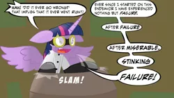 Size: 1280x722 | Tagged: safe, artist:airship-king, artist:nomsar, derpibooru import, twilight sparkle, twilight sparkle (alicorn), alicorn, pony, brainy twilight, clothes, goggles, lab coat, mad scientist, solo