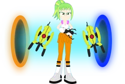 Size: 2458x1660 | Tagged: safe, artist:anime-equestria, derpibooru import, lemon zest, equestria girls, beam, boots, clothes, female, food, headphones, human coloration, jumpsuit, lemon, ponytail, portal, portal (valve), portal gun, portals, shoes, simple background, solo, transparent background, turret