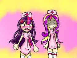 Size: 1024x768 | Tagged: angry, artist:lunaticsnivy, blushing, cross-popping veins, derpibooru import, fangs, female, human, humanized, nurse, nurse uniform, open mouth, princess cadance, safe, twilight sparkle