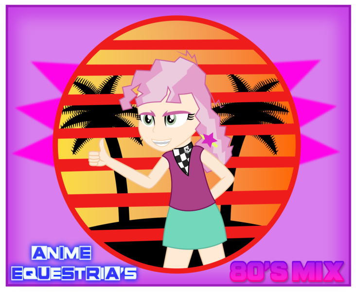 Size: 1782x1461 | Tagged: safe, artist:anime-equestria, derpibooru import, cheerilee, equestria girls, 80s, 80s cheerilee, 80s hair, album cover, bandana, braces, clothes, female, human coloration, palm tree, scarf, skirt, solo, stripes, sunset, thumbs up, tree