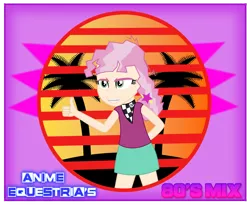 Size: 1782x1461 | Tagged: safe, artist:anime-equestria, derpibooru import, cheerilee, equestria girls, 80s, 80s cheerilee, 80s hair, album cover, bandana, braces, clothes, female, human coloration, palm tree, scarf, skirt, solo, stripes, sunset, thumbs up, tree