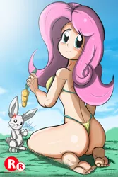 Size: 1000x1500 | Tagged: adorasexy, angel bunny, artist:ryured, ass, barefoot, bicolor swimsuit, bikini, breasts, carrot, clothes, cute, derpibooru import, feet, female, flutterbutt, fluttershy, food, human, humanized, kneeling, looking at you, looking back, looking back at you, sexy, shyabetes, smiling, string bikini, suggestive, swimsuit, thong swimsuit, underwear, yellow swimsuit