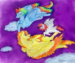 Size: 4440x3784 | Tagged: safe, artist:dawn22eagle, derpibooru import, rainbow dash, spitfire, oc, pegasus, pony, cloud, colored hooves, colored wings, colored wingtips, commission, family, female, flying, lesbian, magical lesbian spawn, multicolored wings, night, offspring, parent:rainbow dash, parent:spitfire, parents:spitdash, rainbow wings, realistic horse legs, shipping, spitdash, stars, tail feathers