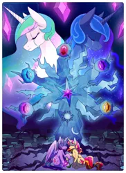 Size: 875x1200 | Tagged: safe, artist:pastel-pony-pictures, deleted from derpibooru, derpibooru import, princess celestia, princess luna, sunset shimmer, tree of harmony, twilight sparkle, twilight sparkle (alicorn), alicorn, pony, unicorn, fanfic, crying, eyes closed, fanfic art, female, holding hooves, lesbian, mare, shipping, sunsetsparkle, time lapse