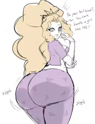 Size: 1075x1397 | Tagged: suggestive, artist:chigusa, derpibooru import, adagio dazzle, equestria girls, rainbow rocks, adagio dat-azzle, ass, blushing, breasts, busty adagio dazzle, clothes, colored sketch, dialogue, extra thicc, female, huge butt, impossibly large butt, jiggle, large butt, looking back, open mouth, pants, partial color, simple background, sketch, smug, solo, solo female, the ass was fat, thunder thighs, tight clothing, white background, wide hips