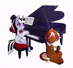 Size: 746x696 | Tagged: safe, artist:renokim, derpibooru import, oc, oc:city roast, oc:piana, earth pony, pony, unicorn, coffee, cute, duo, eyes closed, female, glasses, hat, male, mare, piano, simple background, smiling, stallion, steam, top hat, unshorn fetlocks, white background