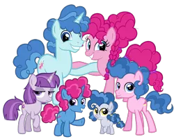 Size: 2520x2016 | Tagged: safe, artist:thecheeseburger, derpibooru import, party favor, pinkie pie, oc, earth pony, pony, unicorn, colt, family, female, filly, looking at you, male, mare, offspring, parent:party favor, parent:pinkie pie, parents:partypie, partypie, shipping, simple background, stallion, straight, transparent background