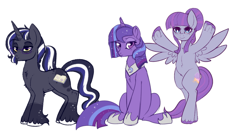 Size: 1096x634 | Tagged: artist:lulubell, bipedal, derpibooru import, glasses, magical lesbian spawn, next generation, oc, oc:moonlight eve, oc:serene skies, oc:somni, offspring, parent:princess luna, parents:twiluna, parent:twilight sparkle, safe, simple background, transparent background, unofficial characters only, unshorn fetlocks