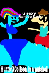 Size: 320x480 | Tagged: 1000 hours in ms paint, artist:hunterxcolleen, artist:iexist1, big nose, bikini, black background, blank stare, clothes, crappy art, derpibooru import, dialogue, glasses, human, humanized, hunterxcolleen, in a nutshell, oc, oc:stewart gary, parody, rainbow dash, safe, simple background, swimsuit, tanktop, text, wide hips