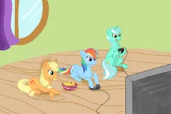 Size: 1024x683 | Tagged: applejack, artist:littlesnaketail, bowl, chips, controller, derpibooru import, food, lyra heartstrings, rainbow dash, safe, television