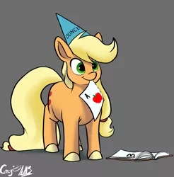 Size: 1215x1236 | Tagged: safe, artist:greyscaleart, derpibooru import, applejack, pony, appul, cute, dunce hat, female, filly, filly applejack, hat, jackabetes, mouth hold, silly, silly pony, solo, younger