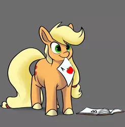 Size: 1215x1236 | Tagged: safe, artist:greyscaleart, derpibooru import, applejack, pony, appul, cute, female, filly, filly applejack, jackabetes, mouth hold, silly, silly pony, solo, younger