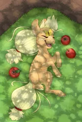 Size: 800x1200 | Tagged: safe, artist:jackiebloom, derpibooru import, applejack, butterfly, pony, animated, animated png, apple, female, filly, filly applejack, food, on back, solo, younger
