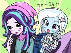 Size: 735x551 | Tagged: safe, artist:quizia, derpibooru import, starlight glimmer, trixie, equestria girls, beanie, cropped, cute, diatrixes, female, flower, glimmerbetes, hat, heart, lesbian, shipping, startrix