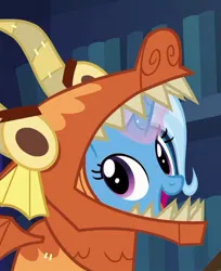 Size: 404x495 | Tagged: safe, derpibooru import, screencap, trixie, pony, unicorn, uncommon bond, clothes, costume, cropped, cute, diatrixes, dragon costume, female, glowing horn, mare, open mouth, smiling, solo