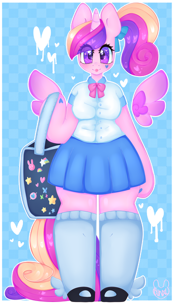 Size: 2013x3500 | Tagged: alicorn, anthro, artist:bunxl, clothes, cute, derpibooru import, female, floating wings, heart, looking at you, mare, mary janes, pleated skirt, ponytail, princess cadance, safe, shirt, shoes, skirt, socks, unguligrade anthro