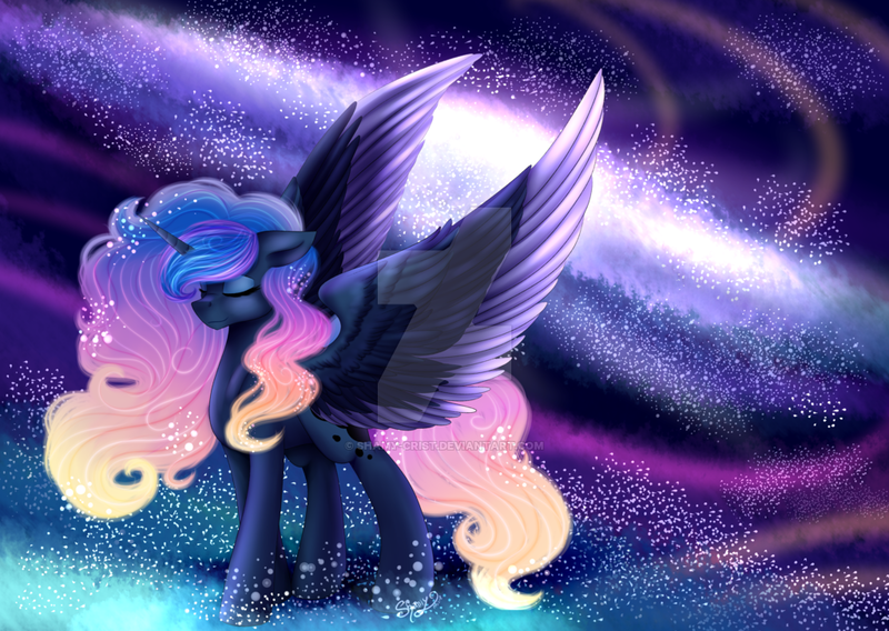 Size: 1024x727 | Tagged: safe, artist:shamy-crist, derpibooru import, princess luna, pony, alternate hairstyle, night, solo, stars, watermark