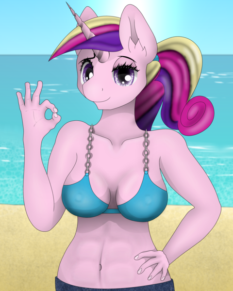 Size: 900x1125 | Tagged: anthro, artist:zeronitroman, beach, belly button, bikini, breasts, clothes, derpibooru import, female, midriff, ok gesture, ok hand sign, princess cadance, solo, suggestive, swimsuit