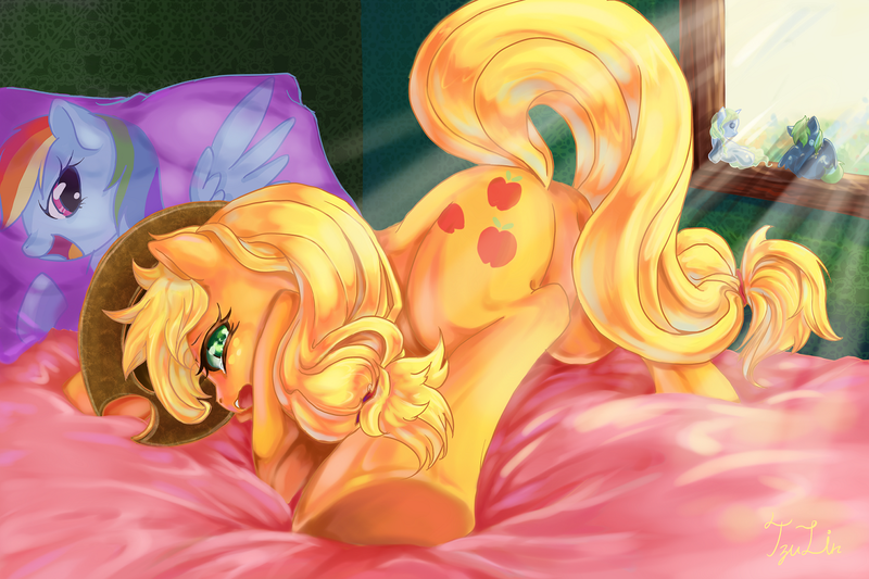 Size: 1512x1008 | Tagged: questionable, artist:tzulin520, derpibooru import, applejack, rainbow dash, earth pony, pony, appledash, bed, female, hooves, implied appledash, implied lesbian, implied shipping, lesbian, mare, pixiv, plot, shipping, solo, solo female