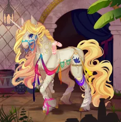 Size: 2475x2500 | Tagged: safe, artist:sitaart, derpibooru import, oc, oc:blue haze, unofficial characters only, pony, unicorn, ponyfinder, bard, blonde, blonde hair, blonde mane, blue eyes, city, clothes, complex background, dungeons and dragons, ear piercing, earring, fantasy class, feather, female, jewelry, lantern, mare, pathfinder, pen and paper rpg, piercing, plant, raised hoof, rpg, slave, solo, tree, unshorn fetlocks, vase, white fur