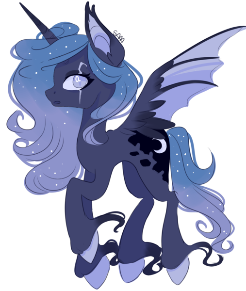 Size: 1000x1183 | Tagged: safe, artist:samanthakat, derpibooru import, princess luna, alicorn, pony, alternate design, blind, cutie mark, ear fluff, eye scar, hybrid wings, looking at you, scar, simple background, solo, spread wings, transparent background, transparent wings, unshorn fetlocks, wings