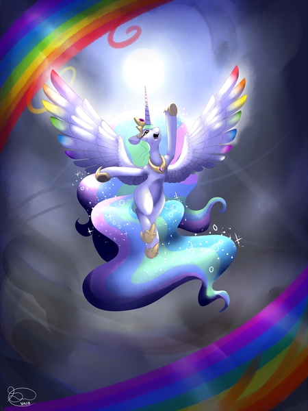 Size: 1000x1333 | Tagged: safe, artist:mimkage, derpibooru import, princess celestia, alicorn, pony, colored wings, female, mare, multicolored wings, open mouth, rainbow, solo