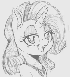 Size: 622x679 | Tagged: safe, artist:tre, derpibooru import, rarity, pony, unicorn, female, grayscale, jewelry, looking at you, mare, monochrome, necklace, simple background, solo, white background