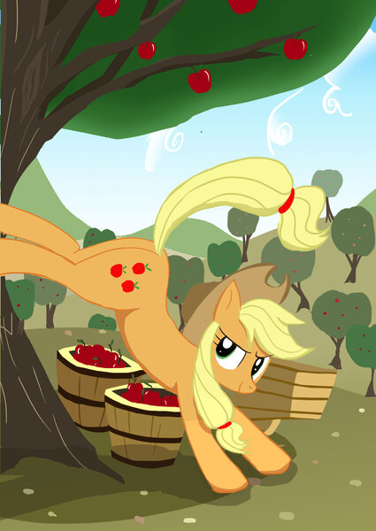 Size: 1768x2496 | Tagged: safe, artist:neoshrek, derpibooru import, applejack, pony, apple, apple tree, applebucking, basket, food, solo, tree