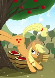 Size: 1768x2496 | Tagged: safe, artist:neoshrek, derpibooru import, applejack, pony, apple, apple tree, applebucking, basket, food, solo, tree