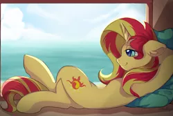 Size: 1492x1000 | Tagged: safe, artist:whiskyice, derpibooru import, sunset shimmer, pony, unicorn, crossed legs, female, floppy ears, mare, pillow, relaxing, smiling, solo, window