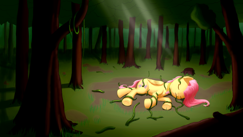 Size: 1600x900 | Tagged: artist:shaliwolf, dead, death, derpibooru import, element of kindness, eyes closed, fluttershy, folded wings, forest, open mouth, semi-grimdark, side, solo, vine