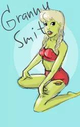 Size: 1440x2300 | Tagged: artist:kittytitikitty, clothes, cutie mark on human, derpibooru import, female, granny smith, human, humanized, lingerie, milf, pinup, pony coloring, safe, text, underwear, younger, young granny smith