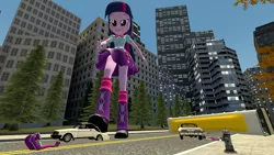 Size: 2000x1125 | Tagged: safe, artist:jeroen01, derpibooru import, aria blaze, sonata dusk, twilight sparkle, twilight sparkle (alicorn), equestria girls, 3d, attack on twi-tan, bus, car, city, clothes, destruction, female, fire hydrant, giantess, macro, self ponidox, skirt