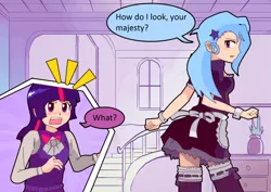 Size: 1722x1221 | Tagged: safe, artist:potatoochips, derpibooru import, edit, trixie, twilight sparkle, human, bandage, clothes, female, humanized, lesbian, maid, shipping, translation, twixie