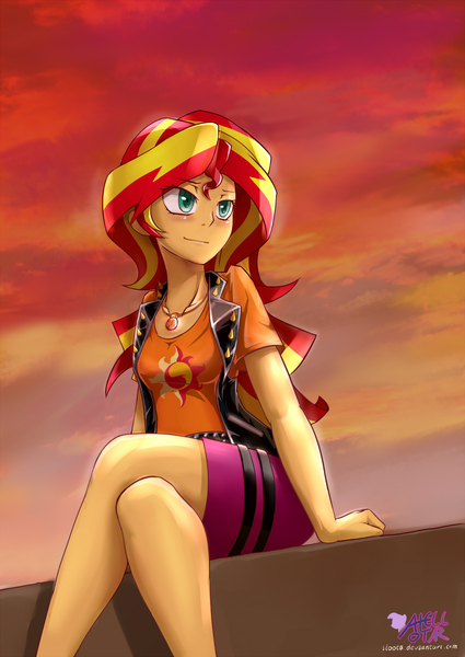 Size: 1200x1696 | Tagged: safe, artist:iloota, derpibooru import, sunset shimmer, equestria girls, equestria girls series, beautiful, clothes, crossed legs, cute, female, sitting, smiling, solo