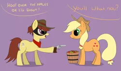 Size: 4350x2550 | Tagged: safe, artist:whiskeypanda, derpibooru import, applejack, earth pony, pony, apple, applejack's hat, bandana, bandit, bucket, cowboy hat, dialogue, face mask, food, gun, handgun, hat, hoof hold, purple background, revolver, simple background, stealing, weapon