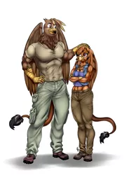 Size: 700x991 | Tagged: safe, artist:pia-sama, derpibooru import, oc, oc:cliff, oc:maggie, unofficial characters only, anthro, gryphon, plantigrade anthro, anthro oc, boots, clothes, commission, female, male, muscles, pants, shoes, simple background, size difference, smiling, white background