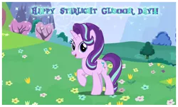 Size: 2656x1602 | Tagged: safe, artist:andoanimalia, artist:mlp-vector-collabs, artist:twls7551, derpibooru import, starlight glimmer, pony, female, looking at you, mare, open mouth, raised hoof, scenery, solo, starlight glimmer day, text