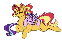 Size: 611x401 | Tagged: artist:ficklepickle9421, cuddling, derpibooru import, eyes closed, happy, magical lesbian spawn, offspring, parents:sunsetsparkle, parent:sunset shimmer, parent:twilight sparkle, pregnant, safe, series:sunlightsentry weekly, starlight glimmer, sunset shimmer