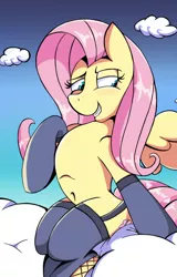 Size: 520x810 | Tagged: suggestive, artist:cabrony, artist:justanotherponyartblog, derpibooru import, fluttershy, pegasus, pony, clothes, collaboration, female, just another pony art blog, mare, pinup, sexy, solo, solo female, stockings, thigh highs