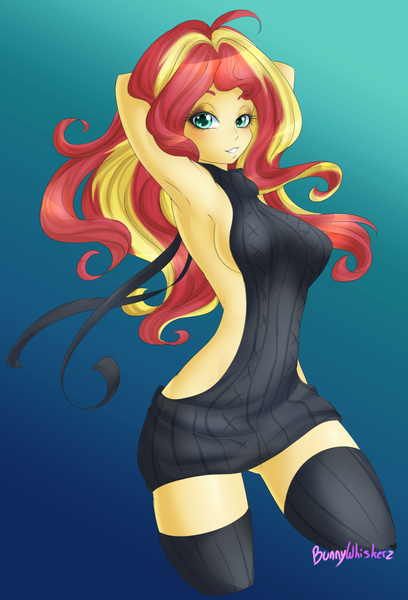 Size: 1063x1563 | Tagged: suggestive, artist:bunnywhiskerz, derpibooru import, sunset shimmer, equestria girls, arm behind head, armpits, backless, bedroom eyes, breasts, clothes, female, gradient background, looking at you, open-back sweater, sleeveless sweater, solo, solo female, sweater, virgin killer sweater