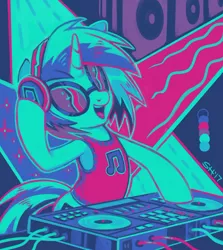 Size: 952x1065 | Tagged: safe, artist:sorcerushorserus, derpibooru import, vinyl scratch, pony, unicorn, armpits, clothes, color palette challenge, digital painting, disc jockey, female, happy, headphones, limited palette, mare, mixer, needs more saturation, shirt, smiling, solo, standing, sunglasses, tanktop, turntable
