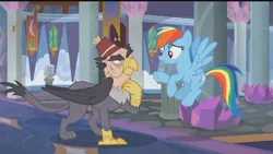 Size: 640x360 | Tagged: safe, derpibooru import, screencap, grampa gruff, rainbow dash, gryphon, pegasus, pony, school daze, female, fez, hat, male, v