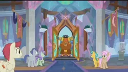 Size: 640x360 | Tagged: safe, derpibooru import, screencap, citrine spark, fire quacker, prince rutherford, strawberry scoop, earth pony, pegasus, pony, yak, school daze, background pony, cloven hooves, female, friendship student, horn ring