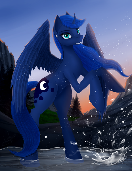 Size: 2344x3027 | Tagged: safe, artist:dezdark, derpibooru import, princess luna, alicorn, pony, cute, cute little fangs, fangs, female, looking at you, mare, rearing, solo, splash, tree, water