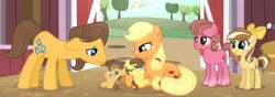 Size: 5964x2104 | Tagged: safe, artist:velveagicsentryyt, derpibooru import, applejack, caramel, oc, oc:apple flower, oc:apple pie, oc:apple sprinkle, oc:appleseed, earth pony, pony, unicorn, baby, baby pony, barn, carajack, female, filly, male, offspring, parent:applejack, parent:big macintosh, parent:caramel, parent:sugar belle, parents:carajack, parents:sugarmac, shipping, straight