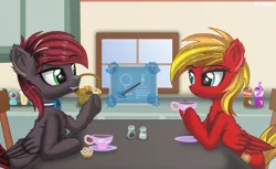 Size: 3278x2000 | Tagged: safe, artist:maxiclouds, derpibooru import, oc, pegasus, pony, cup, duo, female, food, hooves, kitchen, magic, male, muffin, sitting, smiling, soda, stallion, talking, tea party, teacup, window
