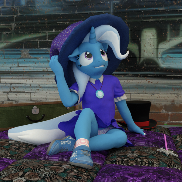 Size: 1500x1500 | Tagged: safe, artist:tahublade7, derpibooru import, trixie, anthro, plantigrade anthro, 3d, clothes, cute, daz studio, diatrixes, dress, female, filly trixie, hat, image, looking up, panties, png, pony underwear, purple underwear, shoes, skirt, skirt lift, socks, solo, top hat, trixie's hat, underwear, upskirt, wand, younger